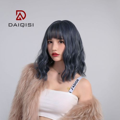 欧烁假发女短发网红自然全头逼真泡面头蓝色中长卷发厂家现货批发